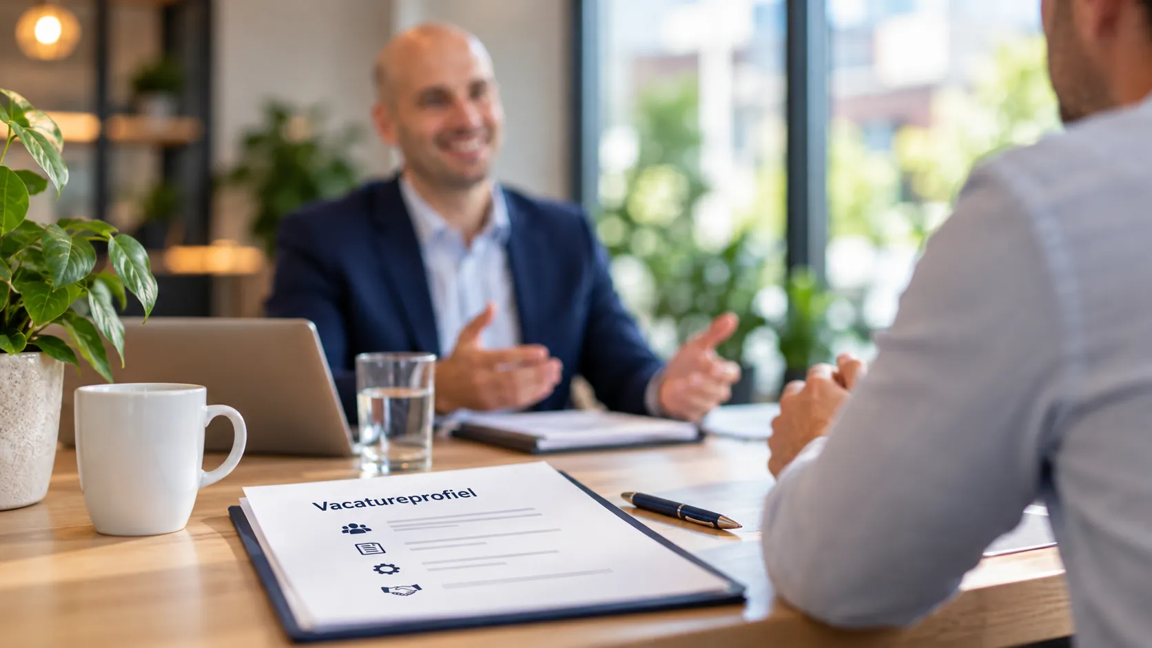 Thijs in gesprek aan tafel, met een vacatureprofiel voor zich.